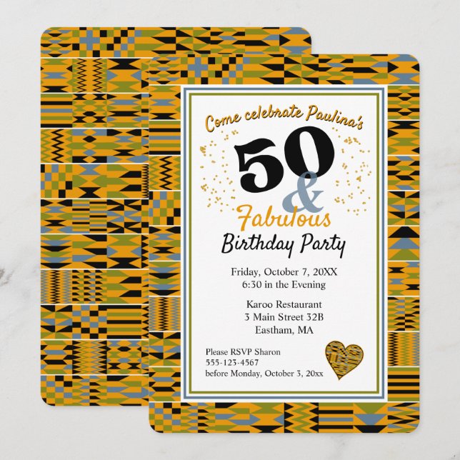 Invitación 50 y fabulosa fiesta de cumpleaños Golden Kente (Anverso / Reverso)
