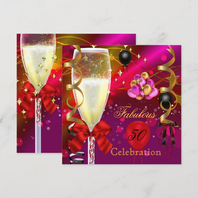 Invitación 50 y fabulosa fiesta de cumpleaños negro de oro ro (Anverso / Reverso)