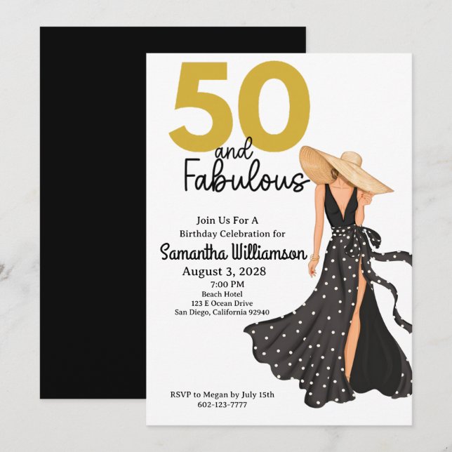 Invitación 50 y fabulosa fiesta de cumpleaños negro y oro (Anverso / Reverso)