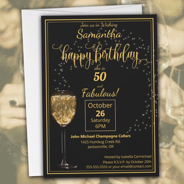 Invitación 50 y fabulosa fiesta de cumpleaños negro y oro (50 and Fabulous Black and Gold Birthday Party Invitation)
