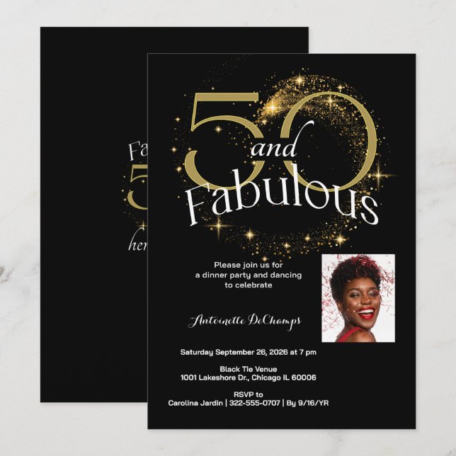 Invitación 50 y fabulosa fiesta de cumpleaños Oro Blanco Negr (Anverso / Reverso)