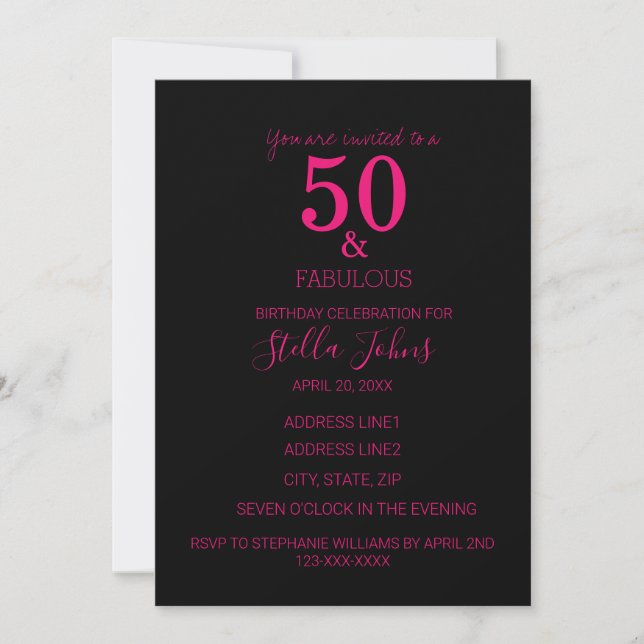Invitación 50 Y Fabulosa Fiesta De Cumpleaños Pink Hot Black  (Anverso)