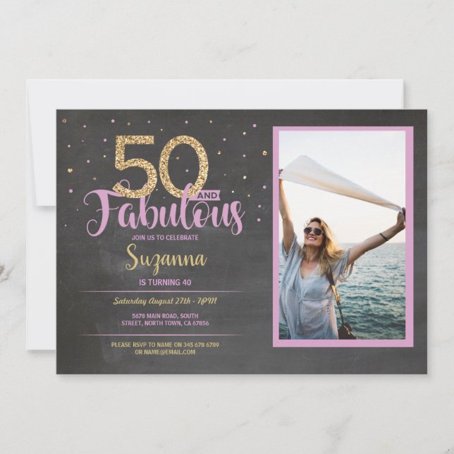 Invitación 50 y fabulosa fiesta de cumpleaños rosado 50.ª fot (Anverso)