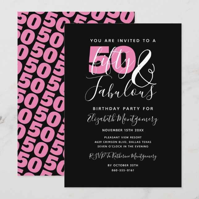 Invitación 50 Y Fabulosa Fiesta Elegante 50 de Cumpleaños (Anverso / Reverso)