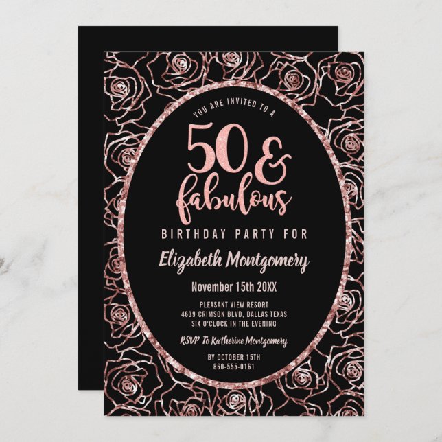 Invitación 50 Y Fabulosa Fiesta Elegante Rosa De Aniversario  (Anverso / Reverso)