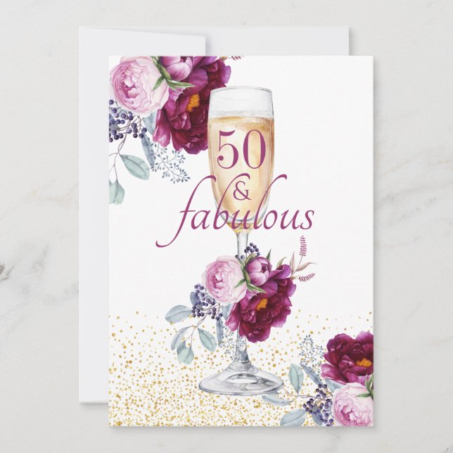 Invitación 50 Y Fabulosa Floral De Borgoña Rosa (Anverso)