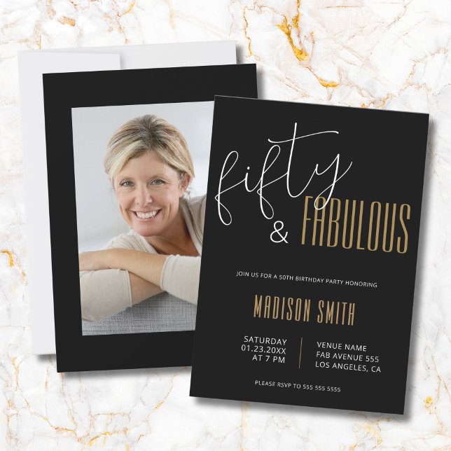 Invitación 50 y fabulosa foto 50 cumpleaños Oro negro (50 and Fabulous Photo 50th Birthday Black Gold Invitation)