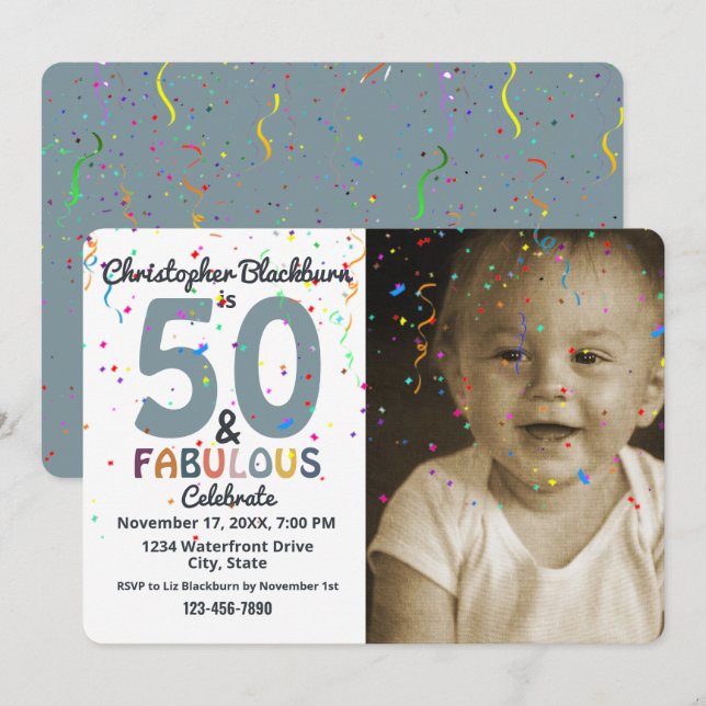 Invitación 50 y fabulosa foto azul Fiesta de los cincuenta cu (Anverso / Reverso)
