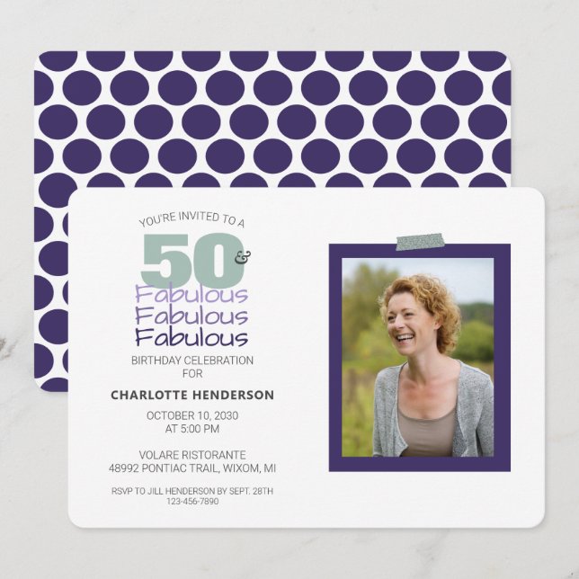 Invitación 50 y fabulosa foto de fiesta de cumpleaños púrpura (Anverso / Reverso)