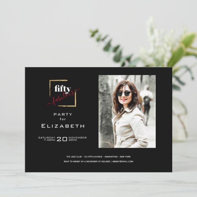 Invitación 50 y fabulosa foto en negro y oro (Anverso de pie)