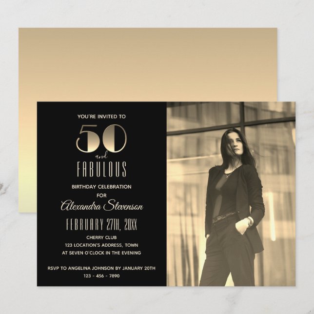 Invitación 50 y fabulosa foto en negro y oro 50 cumpleaños (Anverso / Reverso)