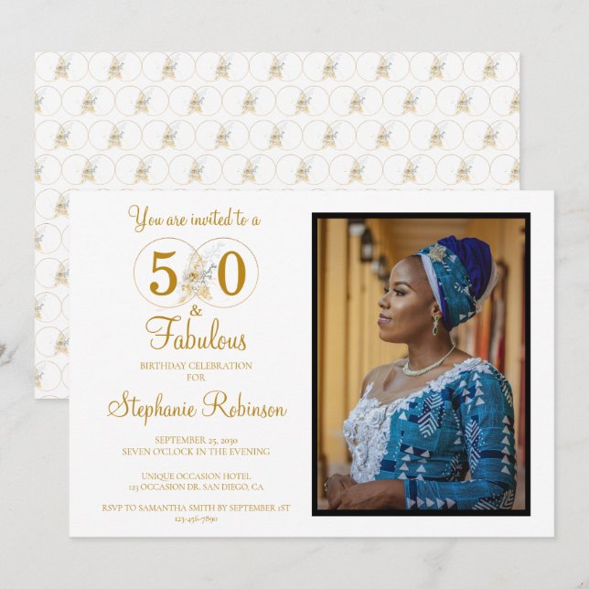 Invitación 50 y fabulosa foto Oro 50 cumpleaños (Anverso / Reverso)
