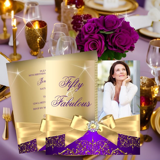 Invitación 50 y fabulosa foto oro morado 50 cumpleaños (Subido por el creador)