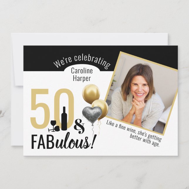 Invitación 50 y fabulosa foto oro y cumpleaños moderno negro (Anverso)
