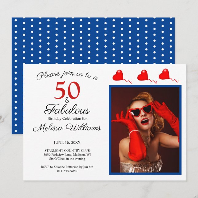 Invitación 50 y fabulosa foto rojo 50 cumpleaños azul blanco (Anverso / Reverso)