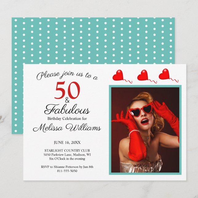 Invitación 50 y fabulosa foto rojo 50 cumpleaños blanco Verde (Anverso / Reverso)
