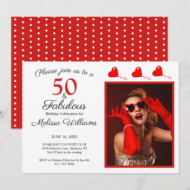 Invitación 50 y fabulosa foto rojo 50 cumpleaños rojo blanco (Anverso / Reverso)
