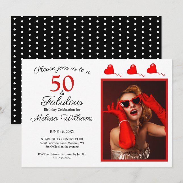 Invitación 50 y fabulosa foto rojo 50 cumpleaños WH negro (Anverso / Reverso)