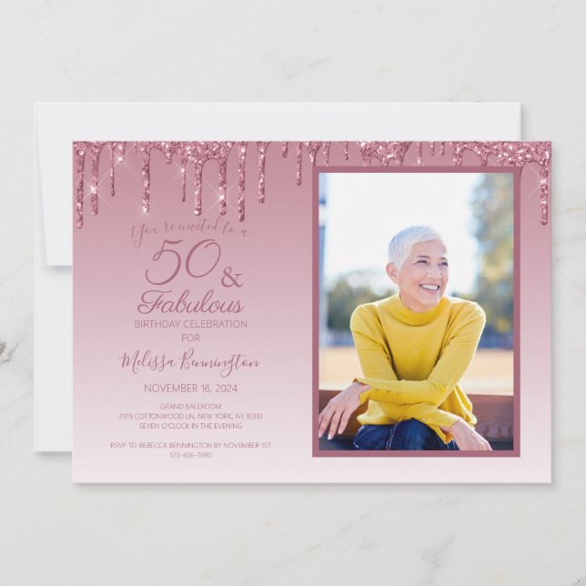 Invitación 50 y fabulosa foto Rosa Purpurina rosado dorado (Anverso)