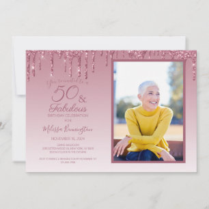 Invitación 50 y fabulosa foto Rosa Purpurina rosado dorado