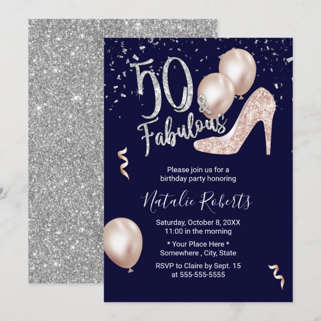 Invitación 50 y fabulosa Marina de cumpleaños 50 de tacón mod (Anverso / Reverso)