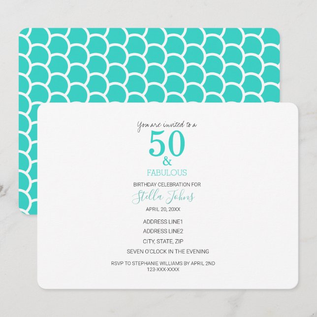 Invitación 50 y fabulosa playa turquesa de sirenas de cumplea (Anverso / Reverso)