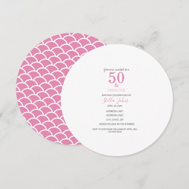 Invitación 50 y fabulosa Sirenita rosa lindo cumpleaños elega (Anverso / Reverso)