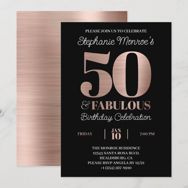 Invitación 50 y fabulosa tipografía de oro Rosa Cumpleaños (Anverso / Reverso)
