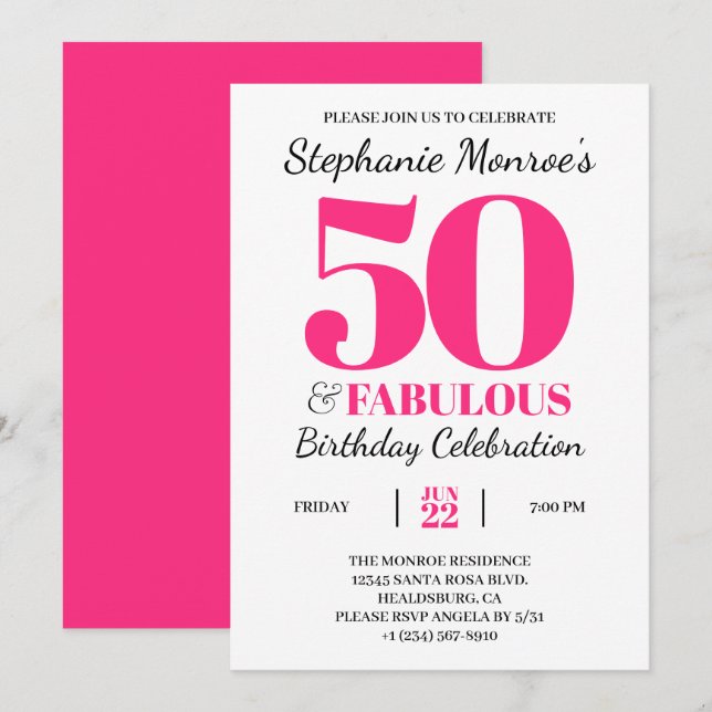 Invitación 50 y fabulosa tipografía rosa retro cumpleaños (Anverso / Reverso)