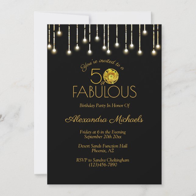 Invitación 50 Y Fabulosas Luces Blancas Sobre Cactus Amarillo (Anverso)