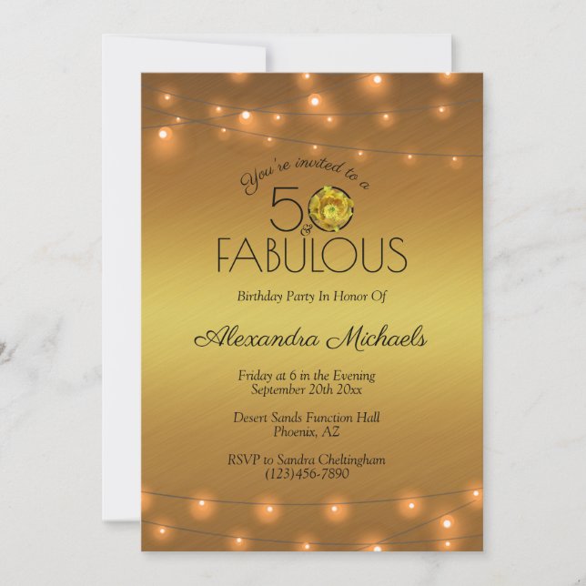 Invitación 50 Y Fabulosas Luces De Cobre En Cactus De Oro Ama (Anverso)