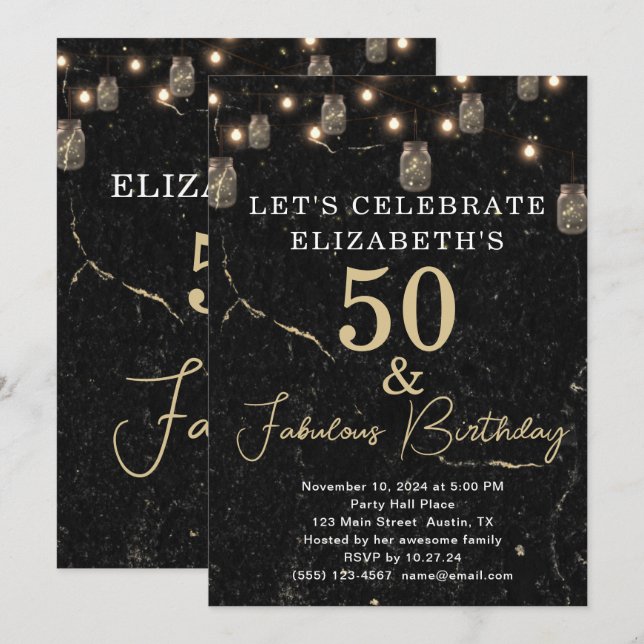 Invitación 50 y fabulosas luces de oro de mármol negro Mason  (Anverso / Reverso)