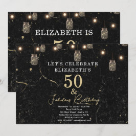Invitación 50 y fabulosas luces de oro de mármol negro Mason 