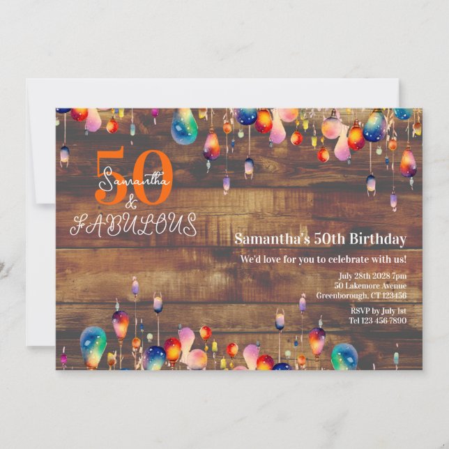 Invitación 50 y fabulosas luces rusticas de cumpleaños número (Anverso)