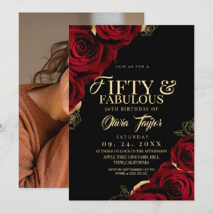 Invitación 50 y fabulosas rosas rojas, negras y doradas de cu
