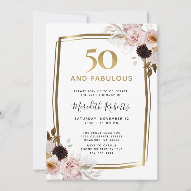 Invitación 50 y fabulosas rosas rosadas Cumpleaños metálico d (Anverso)