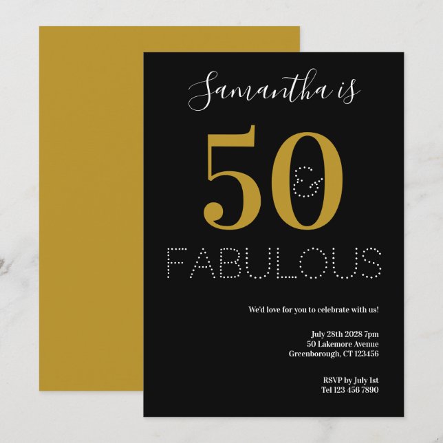 Invitación 50 y fabuloso 50 cumpleaños Fiesta de oro negro (Anverso / Reverso)