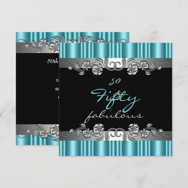 Invitación 50 y fabuloso 50 cumpleaños Silver Verde azulado (Anverso / Reverso)