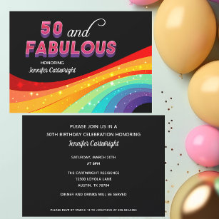 Invitación 50 y fabuloso arcoiris Sparkle texto rosado cumple