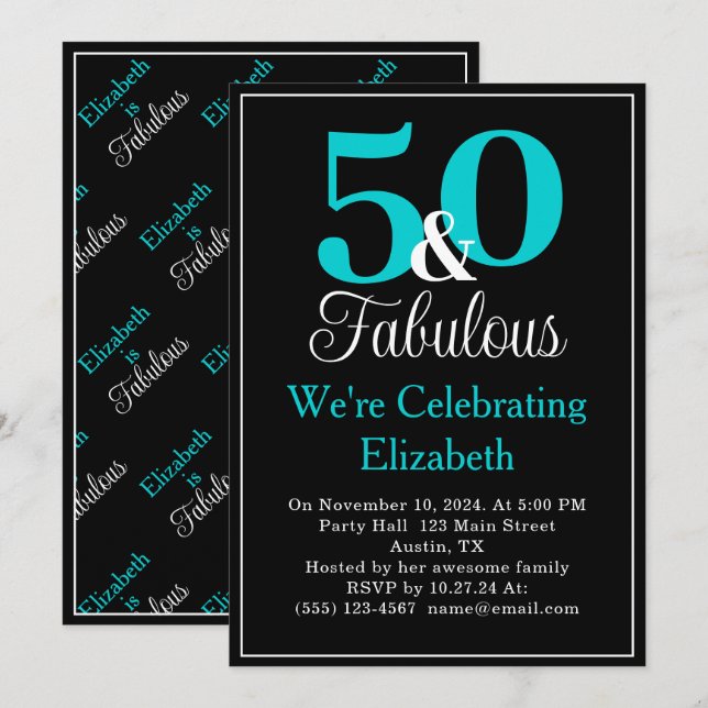 Invitación 50 y fabuloso azul turquesa sobre negro (Anverso / Reverso)
