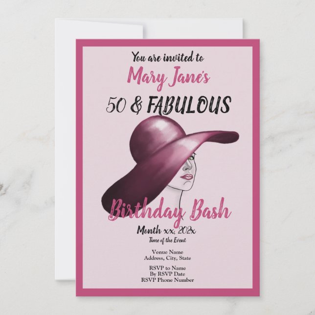 Invitación 50 y Fabuloso Bash de cumpleaños rosado (Anverso)