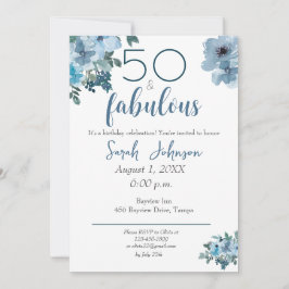 Invitación 50 y Fabuloso Blue Floral Elegante acuarela