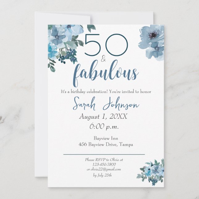 Invitación 50 y Fabuloso Blue Floral Elegante acuarela (Anverso)