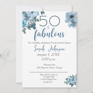 Invitación 50 y Fabuloso Blue Floral Elegante acuarela