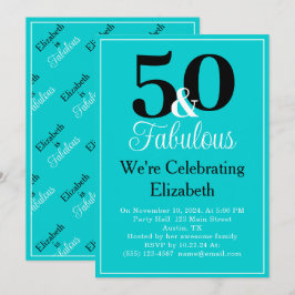 Invitación 50 y Fabuloso borde blanco azul turquesa negro