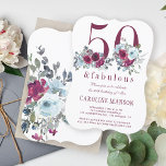 Invitación 50 y fabuloso borgoña rojo floral 50 cumpleaños<br><div class="desc">Elegante feminista 50 y fabulosa invitación de cumpleaños con acuarela rojo burdeos y polvorientos azulones rosas y un moderno guión de tipografía de moda.             Fácil de personalizar con tus detalles!</div>