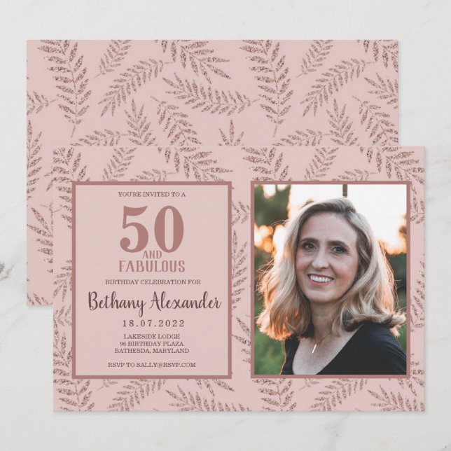 Invitación 50 y Fabuloso Brillo de Oro Rosa (Anverso / Reverso)