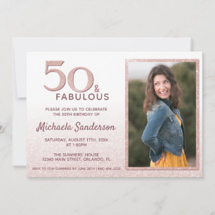 Invitación 50 y Fabuloso Brillo Rosa Dorado Elegante Cumpleañ