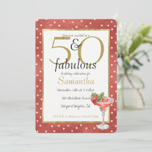 Invitación 50 y fabuloso Brindis de glamour dorado rojo con l