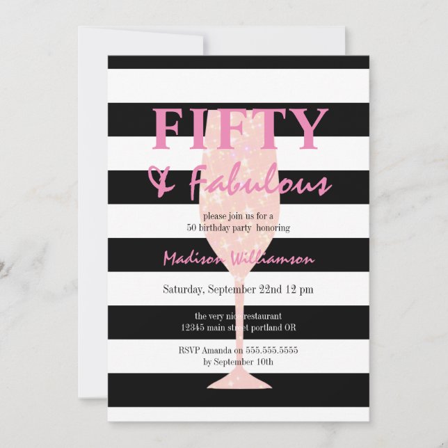 Invitación 50 y fabuloso champán rosa franja blanca negra (Anverso)
